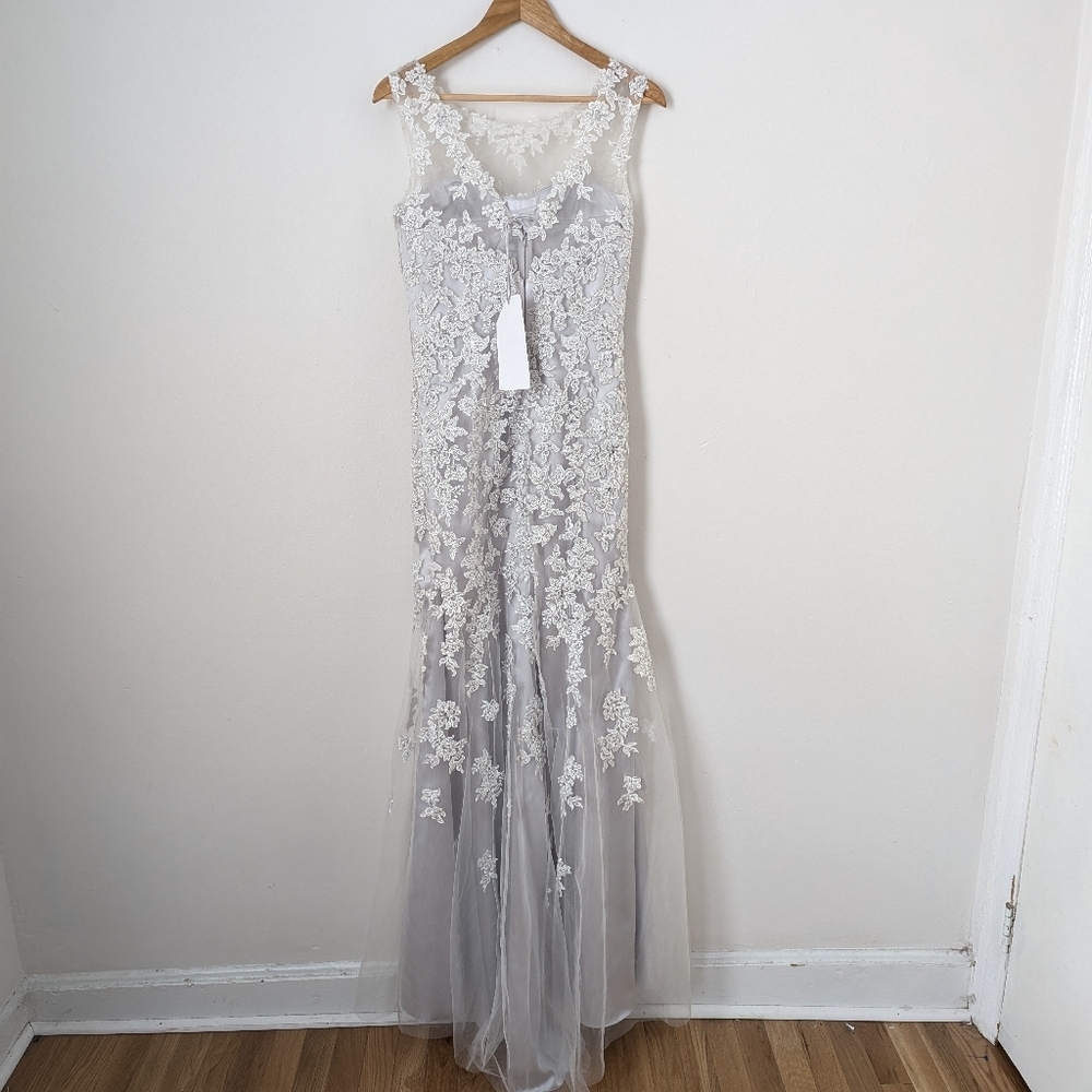 NWT MGNY Madeline Gardner Silver Sequin Floral Lace Satin Tulle Embellished Gown - Picture 7 of 7